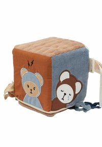 Soft fabric cube toy in orange, blue, and brown. Features plush bear designs with embroidered details and a textured top surface.