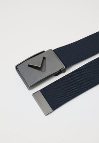 Navy woven belt with a metallic buckle featuring a V-shaped cutout and textured finish. Ends are reinforced with matching metal accents.
