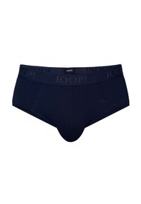 Caleçons pour hommes bleu marine avec une large ceinture élastique portant le nom de la marque "JOOP!" répété tout autour.