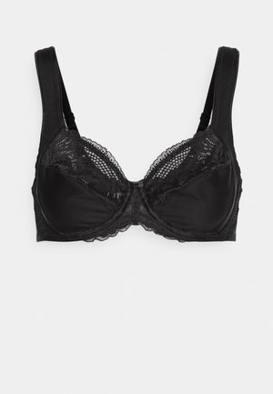 Czarny stanik z drutem, wykończony satyną, z koronkowymi detalami i falbaniastymi brzegami. Regulowane ramiączka zapewniają wsparcie i komfort.
