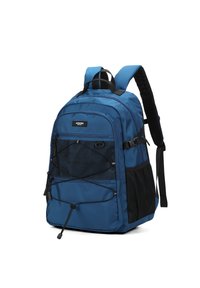 Zaino blu in nylon con spallacci imbottiti, tasca frontale in rete e cordini elastici. Presenta dettagli neri e più scomparti per la conservazione.