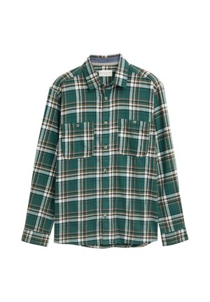 Camicia a quadri verdi con maniche lunghe, due tasche sul petto, chiusura con bottoni e linee bianche e marroni a contrasto su tutto il tessuto.