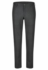 Donkergrijze broek van gestructureerde stof met een vlakke voorkant, riemlussen en een enkele knoopsluiting. Rechstreeks ontwerp.