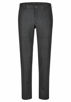 Dunkelgraue Hose aus strukturiertem Material mit flacher Vorderseite, Gürtelschlaufen und einem einzelnen Knopfverschluss. Gerade Beinform.