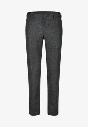 Dark gray trousers made of textured fabric with a flat front, belt loops, and a single button closure. Straight leg design.