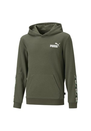 Sudadera con capucha verde oliva de Puma con bolsillo canguro en el frente, detalles de franjas camufladas en las mangas y logo blanco de Puma en el pecho izquierdo.