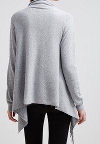 Lichtgrijze trui met een gedrapeerde achterzoom, lange mouwen en een sjaalkraag. Heeft een zachte textuur en franjes aan de zoom.