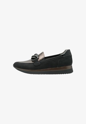 Black and metallic slip-on shoe with a rounded toe, smooth leather upper, chain accent on the vamp, and textured rubber outsole.