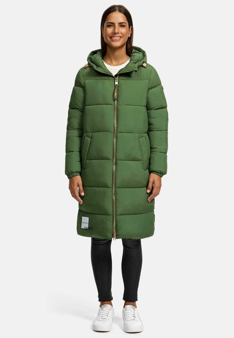 Green puffer coat with a hood, quilted pattern, zip front, and two side pockets. Features rose gold hardware and a logo patch at the hem.