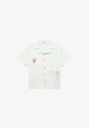 Camicia a maniche corte di colore verde chiaro per bambini, con colletto, decorata con ricami di cactus, onde, sole e palme.