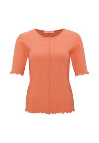 Oranžový top s krátkým rukávem a kulatým výstřihem, texturovaná tkanina a volánkový lem na rukávech. Obsahuje středový šev pro designový detail.