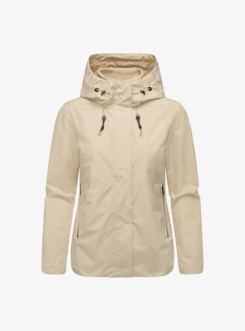Beige veden kestävä takki hupulla, jossa on tupla kiristysnyöri, kaksi vetoketjullista taskua ja sileä, kevyt rakenne.