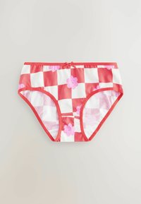 Rot-weiße karierte Unterwäsche mit pinken Blumenmustern, aus weichem Stoff, mit einem elastischen Bund und einer dekorativen Schleife.