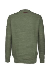 Pull vert en maille avec un motif texturé, col rond et manches longues. Présente une petite étiquette en tissu à l'arrière du cou.