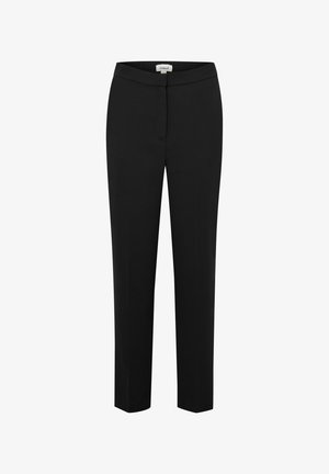 Pantaloni negri, croiți, cu o textură netedă, potrivire slim, picioare drepte și o talie. Fără accesorii vizibile sau modele.