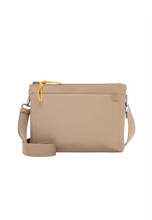 Beige rectangular crossbody bag with adjustable strap, yellow zipper pull, and small logo patch on the upper right corner.