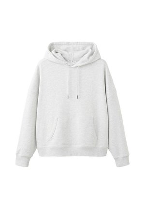 Sudadera con capucha de manga larga de color gris claro, con bolsillo canguro delantero y capucha con cordón, mostrada sobre un fondo blanco.