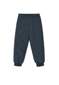 Navy blue quilted pants made of insulated fabric, featuring a diamond pattern, elastic waistband, and ribbed cuffs at the ankles.