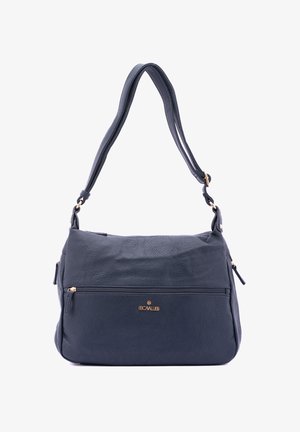 Taschenhandtasche aus navyblauem, genarbtem Leder mit breitem Schultergurt, vorderer Reißverschlusstasche und goldfarbener Logo-Akzentuierung. Sie verfügt über ein weiches, strukturiertes Design.