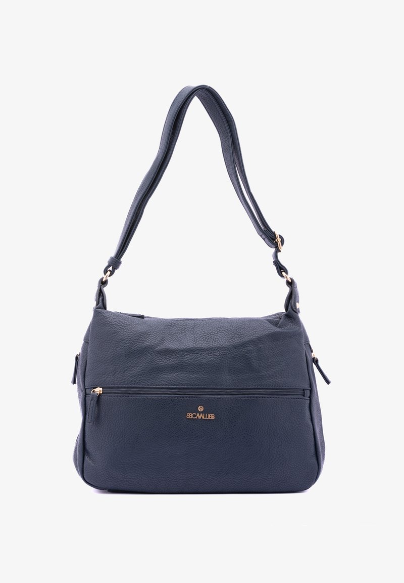 Borsa a tracolla in pelle texturizzata blu navy con una larga tracolla, tasca frontale con zip e logo in tonalità dorata. Presenta un design morbido e texturizzato.