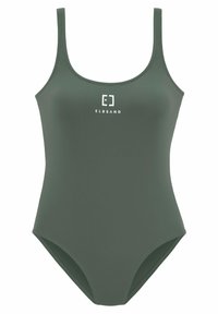 Khaki zelený jednodílný plavky s kulatým výstřihem a úzkými ramínky, s bílým logem umístěným na přední straně. Hladký, pružný materiál.