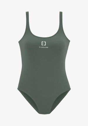 Maillot de bain une pièce vert kaki avec encolure dégagée et bretelles étroites, arborant un logo blanc centré sur le devant. Tissu lisse et extensible.