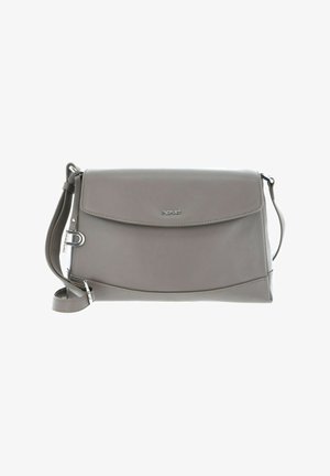 Sac à épaule en cuir gris avec rabat pliable, détail boucle argentée et bandoulière réglable, marqué "Picard" à l'avant.