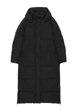 Schwarze Daunenjacke mit hohem Kragen, langen Ärmeln und seitlichen Taschen. Verfügt über ein gestepptes Design und einen geraden, knielangen Schnitt.