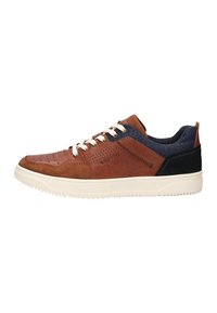 Men's sneakers featuring a brown leather upper with suede accents, a navy fabric panel, cream laces, and a white rubber sole.