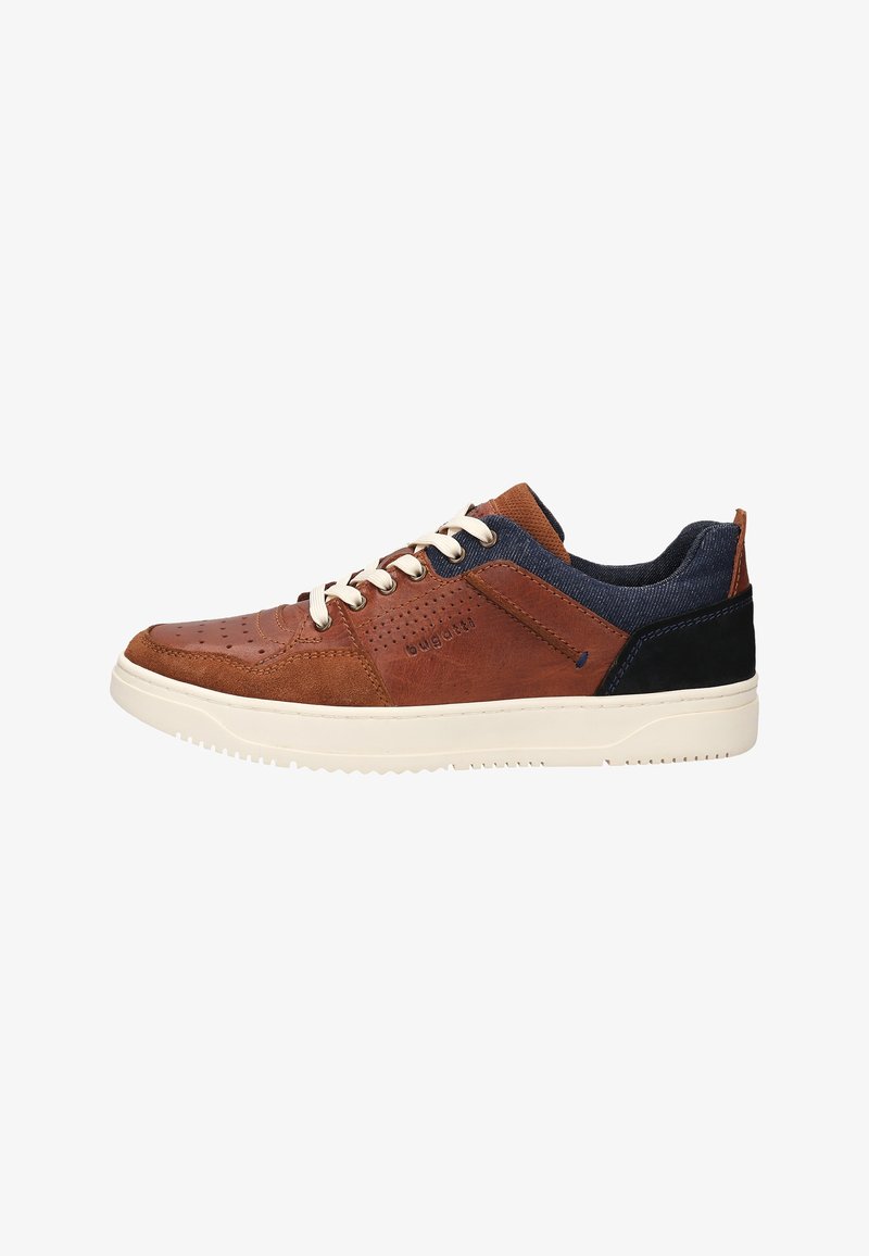 Men's sneakers featuring a brown leather upper with suede accents, a navy fabric panel, cream laces, and a white rubber sole.