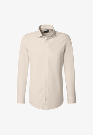 Langarmshirt in hellbeige, aus glattem Stoff gefertigt. Verfügt über einen spitzen Kragen, eine Knopfleiste und Ärmel mit Knopfverschluss.