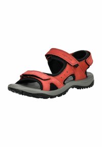 Červená a šedá sandál s koženým svrškem, nastavitelné suché zipy a texturovaná guma pro lepší přilnavost. Otevřený design pro prodyšnost.