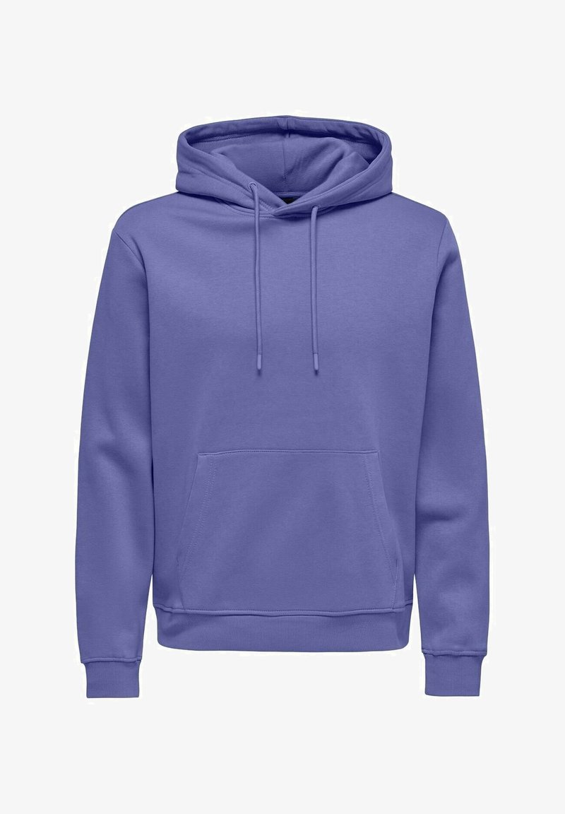 Sudadera con capucha púrpura con bolsillo delantero, capucha con cordón, puños y dobladillo acanalados. Fabricada con un material suave y de textura lisa.