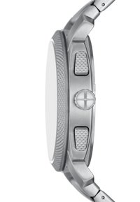 Silver stainless steel watch with a textured, knurled bezel, two textured push buttons, and a smooth, rounded casing. No visible dial.