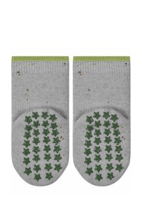 Graue Baumwollsocken mit einem grünen, gerippten Bündchen, versehen mit grünen, sternförmigen Antirutschgriffen an der Sohle und braunen Sprenkeln überall.