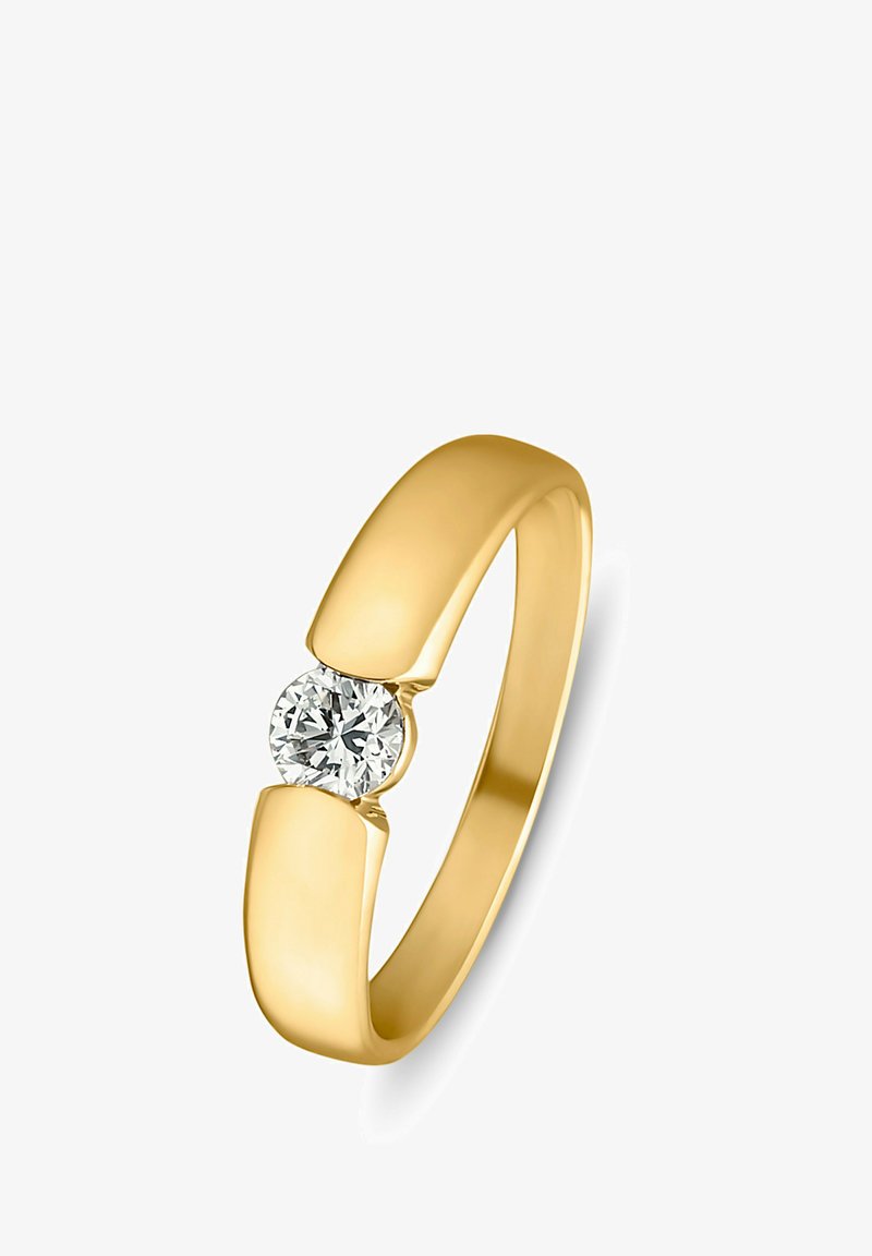 Goldring mit einem glatten Banddesign, in dem ein runder, brillantgeschliffener Diamant zwischen zwei geschwungenen Abschnitten eingesetzt ist. Polierte Oberfläche.