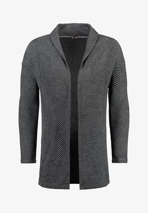 Grauer und schwarzer Cardigan mit Fischgrätenmuster, offenem Vorderteil, langen Ärmeln und Schalkragen.