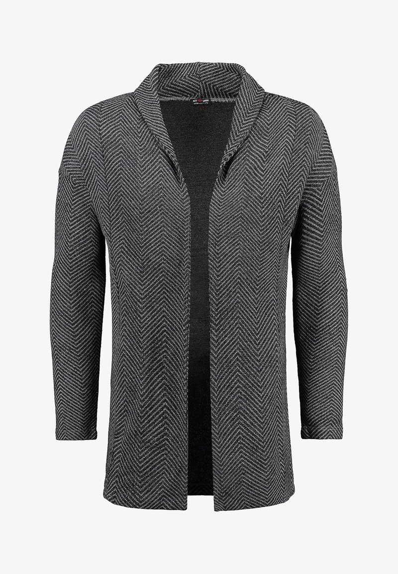 Cardigan ouvert gris et noir à motif chevrons, manches longues et col châle.