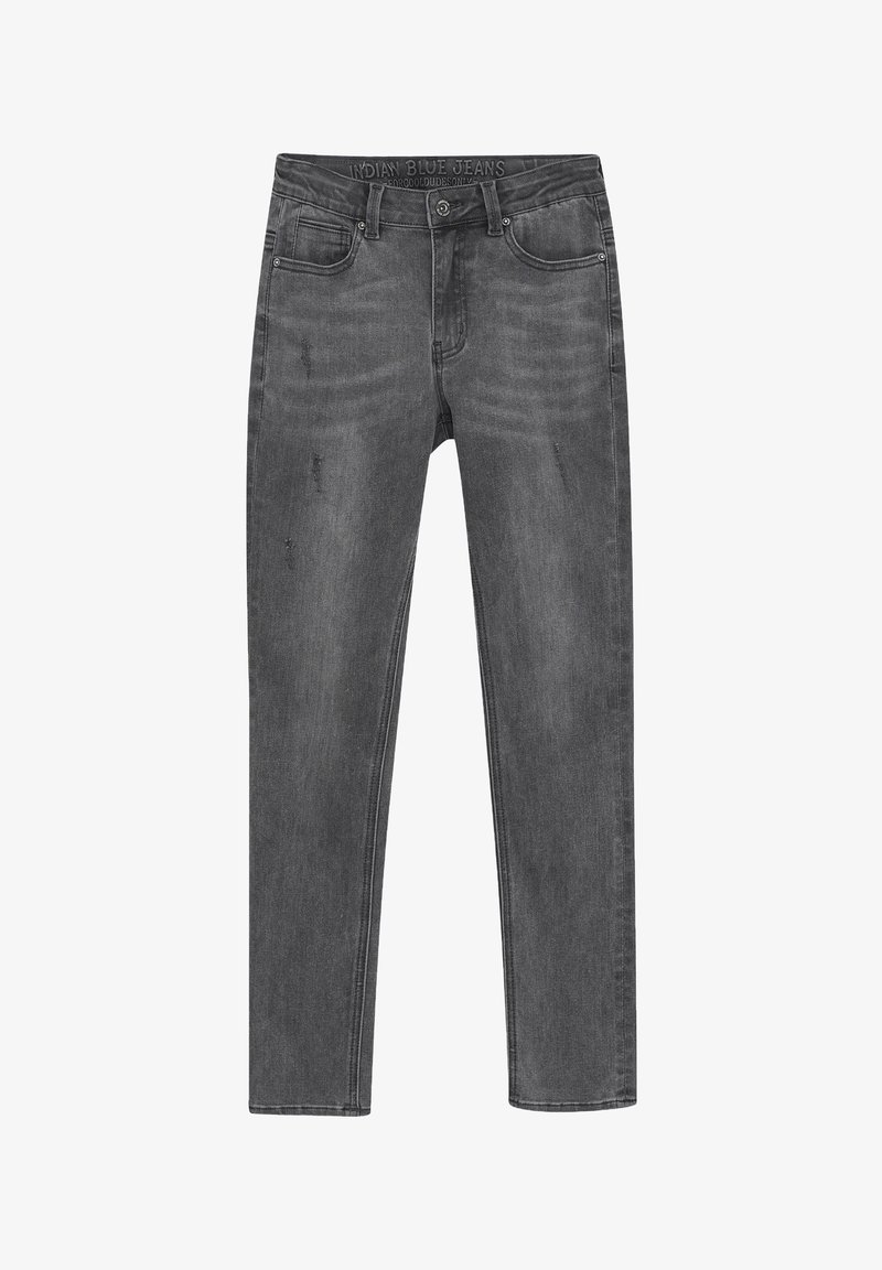 Szare dżinsy z przodu kieszeniami, subtelnym przetarciem i wąskim krojem. Zapięcie na guzik oraz detal z logo na pasku.