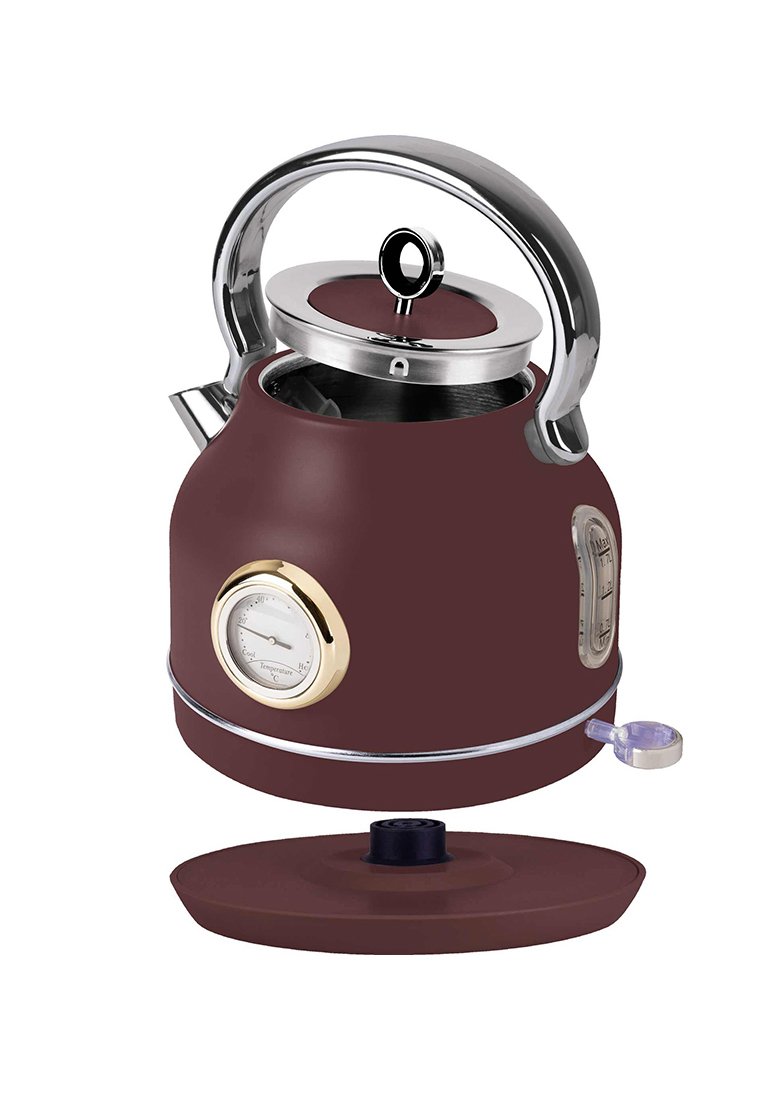 Elektrická hnědá konvice se stříbrnou rukojetí a víkem, teploměrem na přední straně, ukazatelem hladiny vody a odnímatelným kulatým podstavcem.