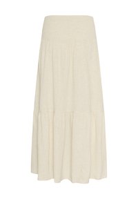 Light beige linen skirt with a smocked waistband, flowing shape, and tiered design. Features a textured fabric finish.