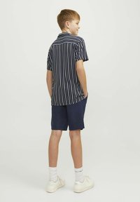 Chemise à rayures bleues et blanches à manches courtes, portée avec un short bleu marine. Baskets blanches et chaussettes blanches. Vue de dos montrant le col de la chemise et le design.