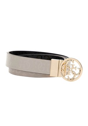 Ceinture réversible beige et noire avec motif texturé et boucle ronde dorée ornée de lettres "G" entrelacées et du logo "Guess".