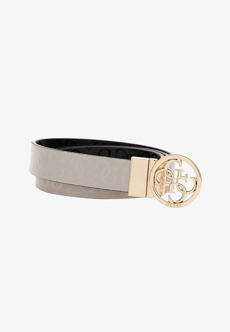 Ceinture réversible beige et noire avec motif texturé et boucle ronde dorée ornée de lettres "G" entrelacées et du logo "Guess".
