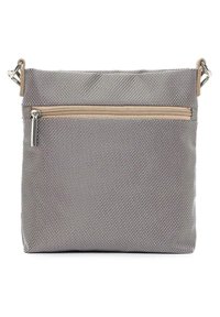 Borsa a tracolla in tessuto testurizzato grigia e beige con tasca frontale con zip e tracolla staccabile per opzioni di trasporto versatili.