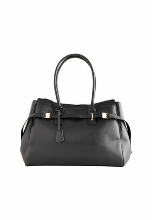 Black leather handbag with a structured shape, dual handles, and gold-tone hardware accents. Features a front buckle design and a smooth texture.