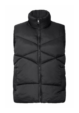 Black insulated puffer vest with high collar, front zipper, and chevron quilted pattern. Soft texture with a padded appearance.