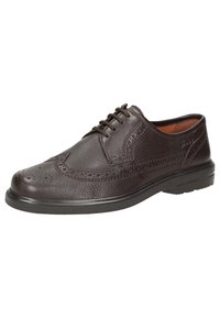 Scarpa stringata in pelle marrone con dettagli perforati, punta arrotondata e suola in gomma. La superficie texturizzata e gli accenti delle cuciture sono visibili.