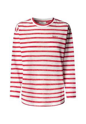 Lange mouwen shirt met rode en witte horizontale strepen, gemaakt van zachte stof, met een ronde halslijn en een klein logo op de borst.