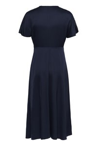 Robe bleu marine mi-longue avec manches courtes et taille cintrée, vue de dos sur fond blanc.